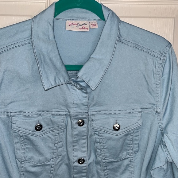 Quacker factory button front stretch denim jean jacket large - Picture 2 of 3